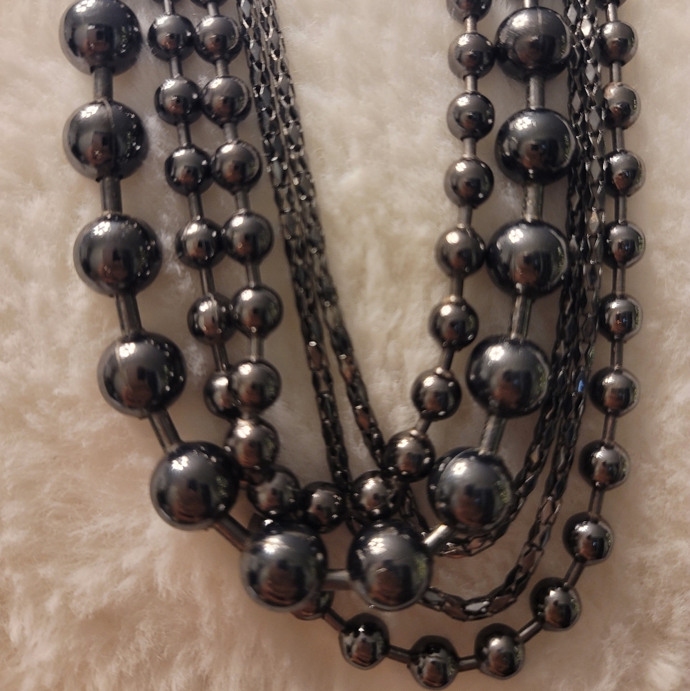 Gunmetal Beaded Multi-Strand Collar Choker Necklace  - Estate